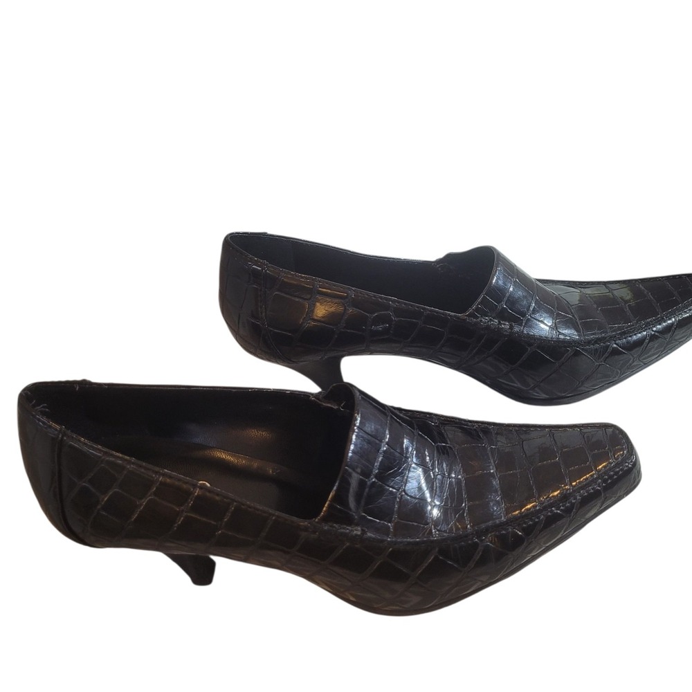 Franco Sarto‎ Heels Women's 8 M Tea Black Faux Croc Embossed Patent Leather